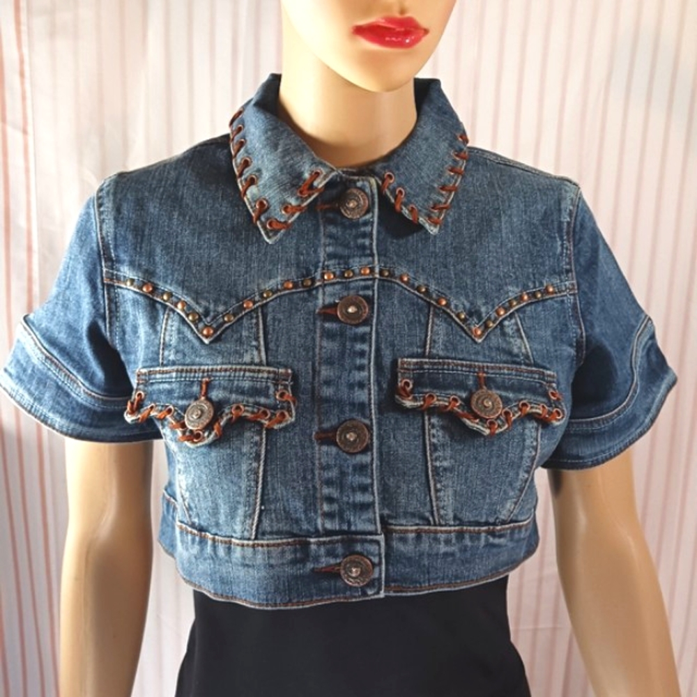 PRICXY Cropped Denim Jacket w/ Rhinestone Sequin Fray Suede Lace Copper …